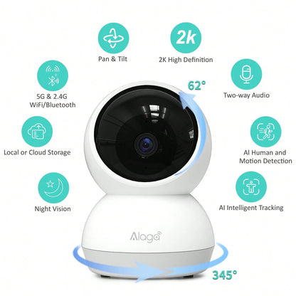 Alaga 2K Baby Monitor Camera- Radiation Free Design, Secure Local Storage, Motion Detection, Two-Way Audio, Night Vision, 360 ° Panoramic Coverage
