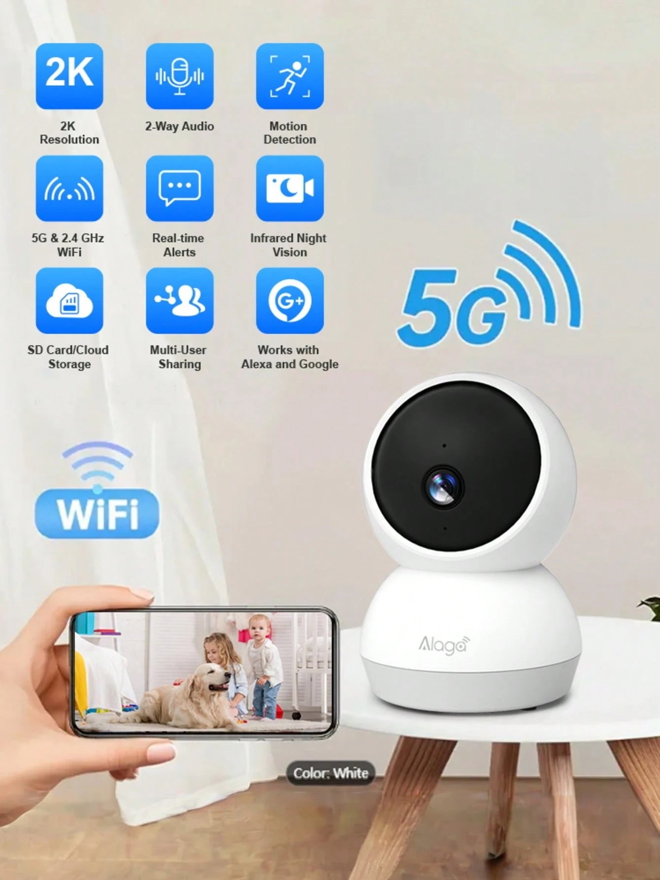 Alaga 2K Baby Monitor With Camera And Audio- Security Camera Indoor, AI Motion Detection, 2.4G/5G WiFi, Night Vision, 2-Way Talk,Cloud/SD Storage