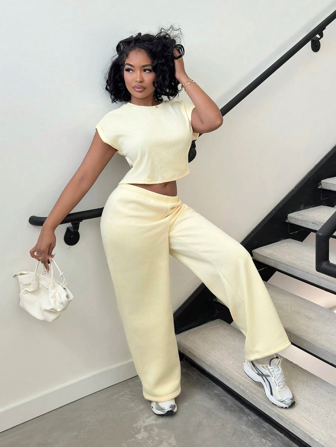Alexandranx Pale Yellow Knit T-Shirt And Pants Loungewear Set, Butter Yellow Two Piece Set