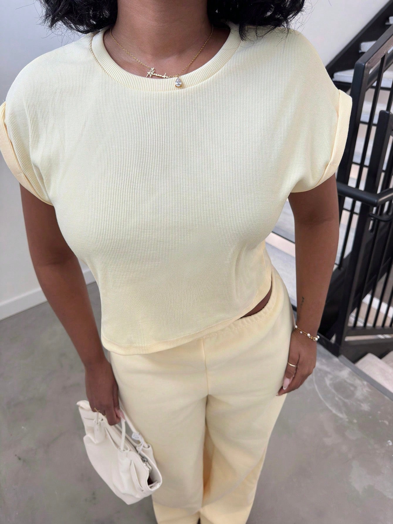 Alexandranx Pale Yellow Knit T-Shirt And Pants Loungewear Set, Butter Yellow Two Piece Set