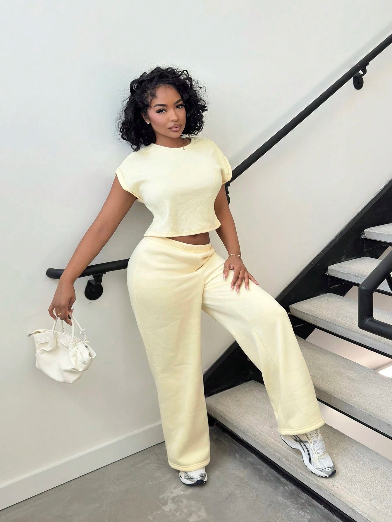 Alexandranx Pale Yellow Knit T-Shirt And Pants Loungewear Set, Butter Yellow Two Piece Set
