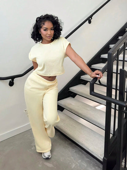 Alexandranx Pale Yellow Knit T-Shirt And Pants Loungewear Set, Butter Yellow Two Piece Set