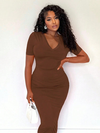 Alexandranx Summer;Women's Solid V-Neck Bodycon Short Sleeve Dresshoco Dresses