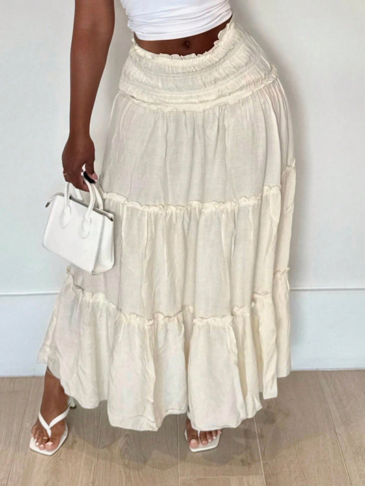 Alexandranx Waist Pleated Paneled Cake Skirt Flare Skirt, Casual Daily Vacation Skirt Ruffled Waist Pleats For A Slimming Look Summer Date Romantic Long Skirt