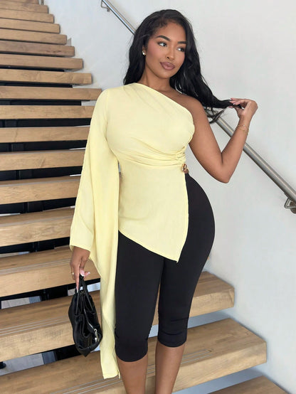 Alexandranx Women's Elegant New Fashion Beach Resort Casual One Shoulder Extra Long Sleeve Pleated Metal Decoration Yellow Blouse, Butter Yellow, Vacation Outfits Woman