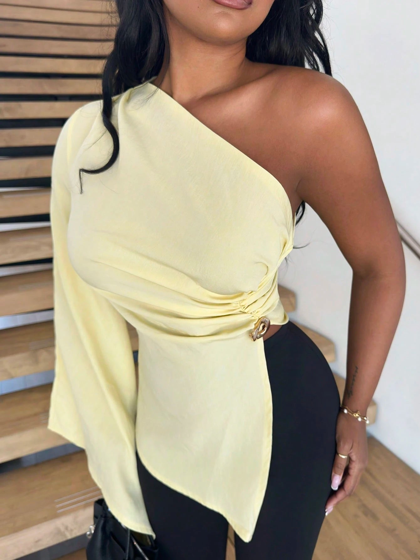 Alexandranx Women's Elegant New Fashion Beach Resort Casual One Shoulder Extra Long Sleeve Pleated Metal Decoration Yellow Blouse, Butter Yellow, Vacation Outfits Woman