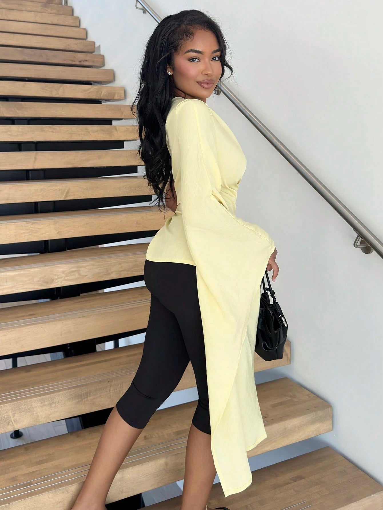 Alexandranx Women's Elegant New Fashion Beach Resort Casual One Shoulder Extra Long Sleeve Pleated Metal Decoration Yellow Blouse, Butter Yellow, Vacation Outfits Woman