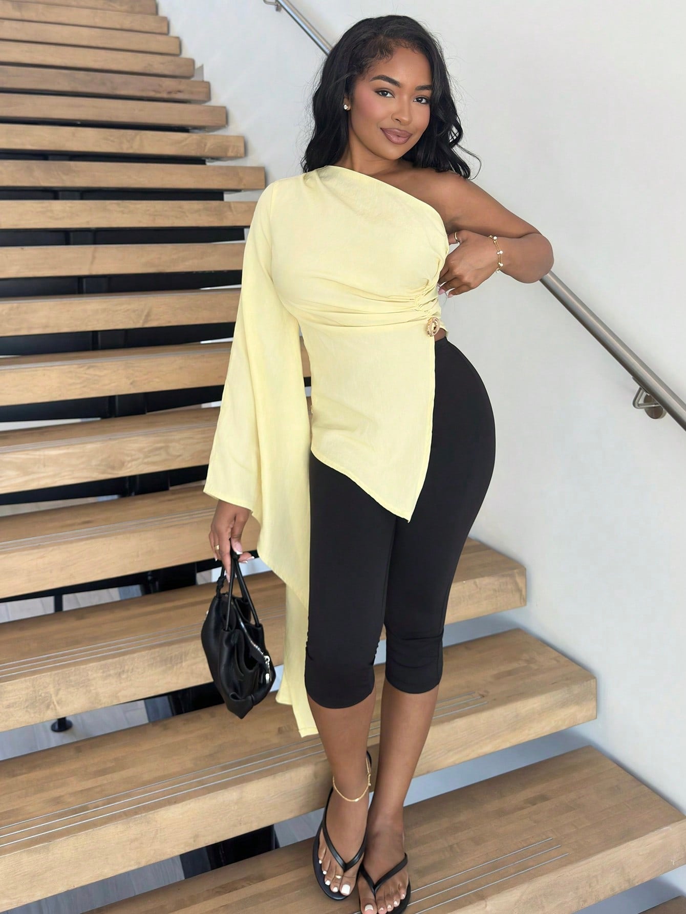 Alexandranx Women's Elegant New Fashion Beach Resort Casual One Shoulder Extra Long Sleeve Pleated Metal Decoration Yellow Blouse, Butter Yellow, Vacation Outfits Woman