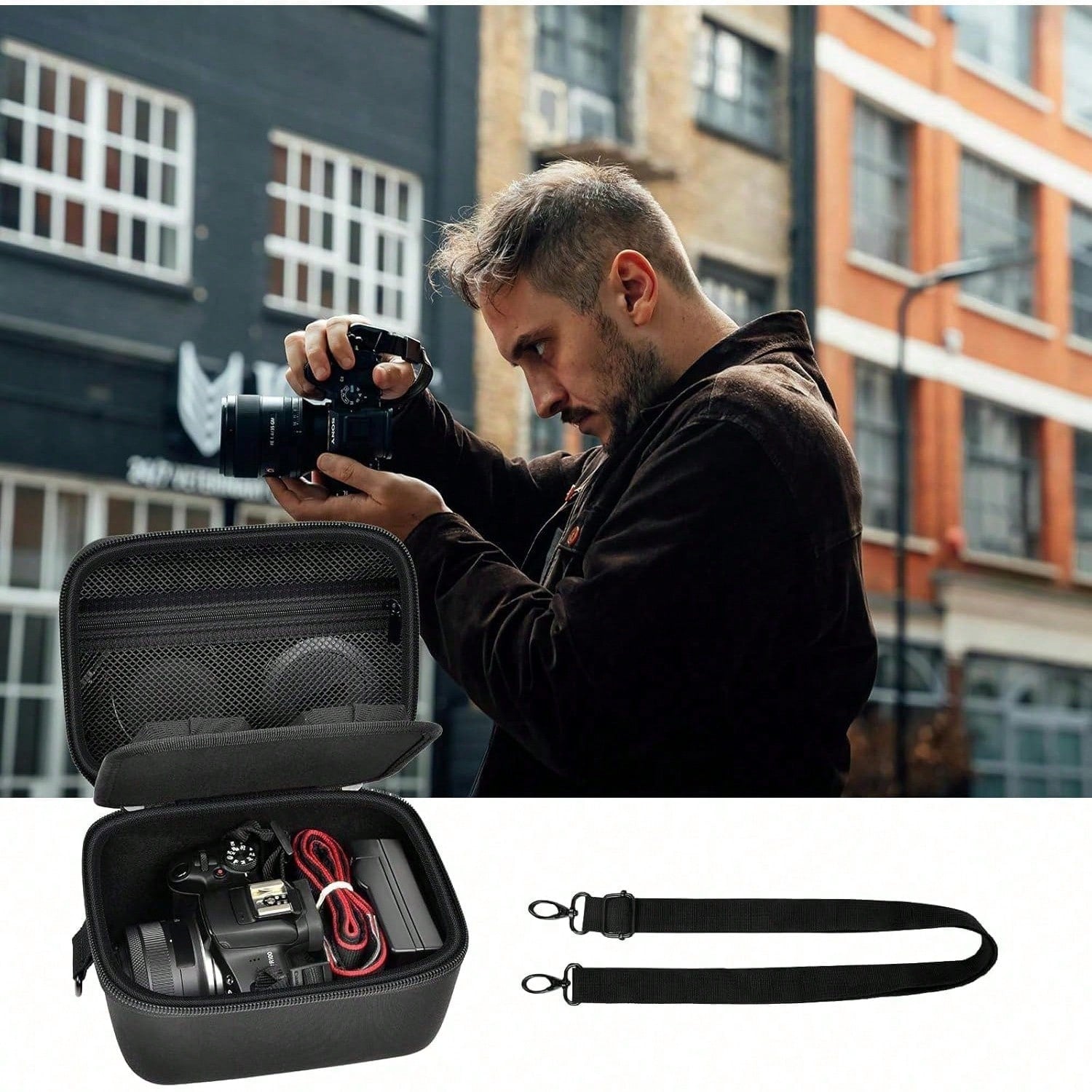 ALKOO Camera Crossbody Bag Compatible With EOS R100 R50 Mirrorless Camera Lens Kit EVA Travel Storage Case For SD Cards Battery Cable Adapter Bag Only