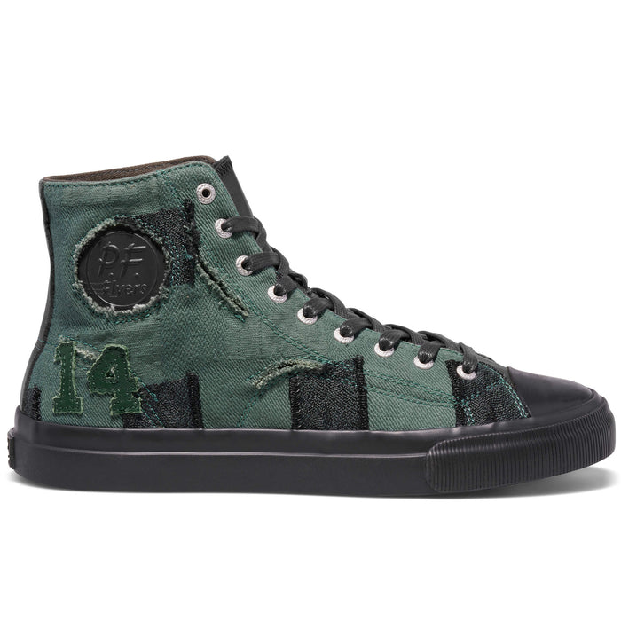Green high-top sneaker with black accents on a white background