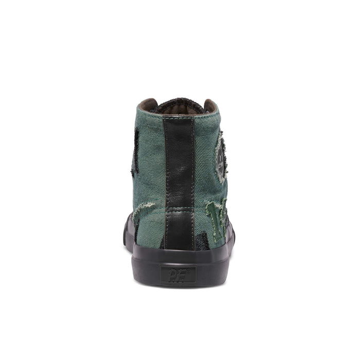 Green high-top sneaker with black sole on a white background