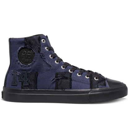 Navy high-top sneaker with black accents on a white background