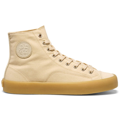 Beige high-top sneaker with 'P.F. Flyers' logo on a white background.
