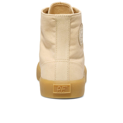 Beige high-top sneaker with a tan sole on a white background.