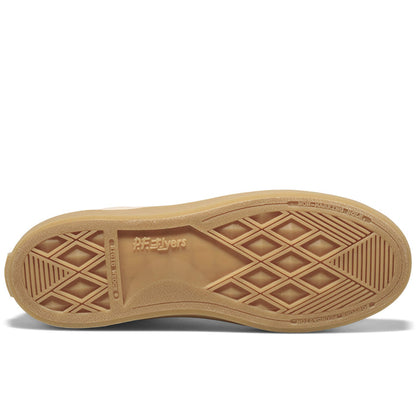 Close-up of a tan shoe sole on a white background.