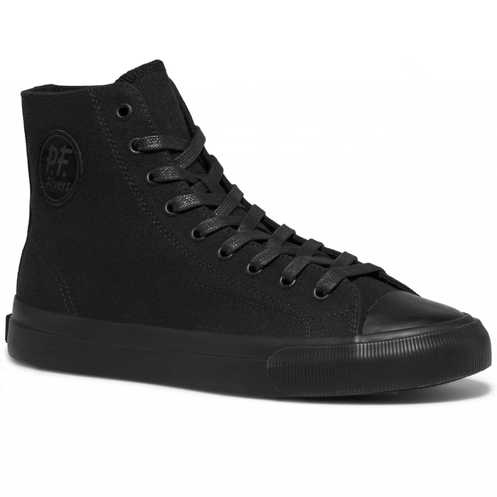Rotating gif showing different angles of a black canvas high-top sneaker.