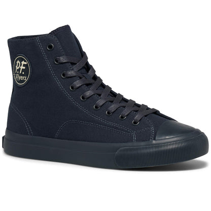 A dark navy blue high-top sneaker shown on a white background.