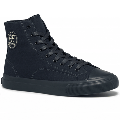 Rotating gif showing different angles of a dark navy blue canvas high-top sneaker.
