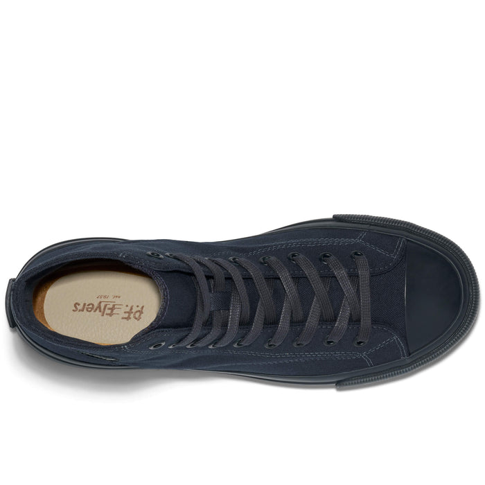Top-down view of a dark navy blue high-top sneaker on a white background.