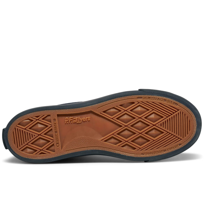 A navy blue shoe's brown rubber outsole set against a plain white background.