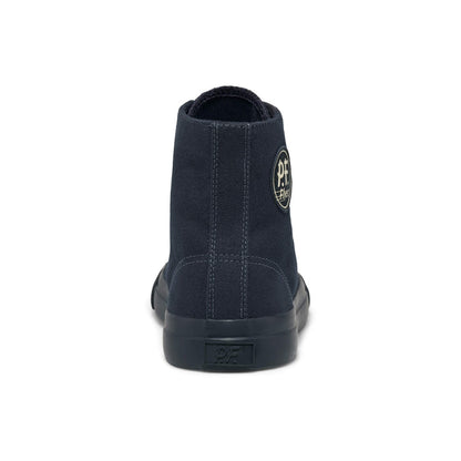 A dark navy blue high-top sneaker shown on a white background.
