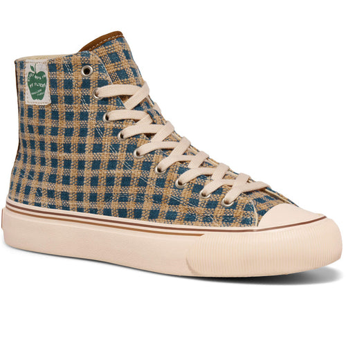 An indigo and brown plaid high-top sneaker shown on a white background.