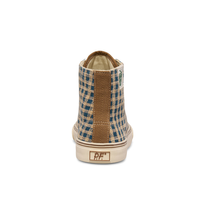 Indigo and brown plaid high-top sneaker on a white background.
