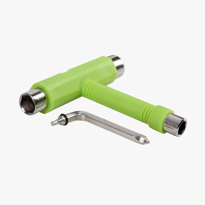 Green tool with metallic components on a white background