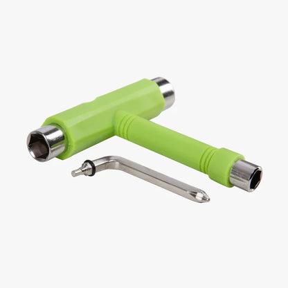 Green tool with metallic components on a white background
