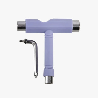 Purple T-shaped tool with a metallic tip on a white background