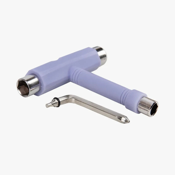 Purple multi-tool with silver components on a white background