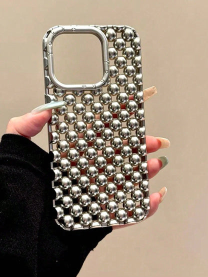 Alloy Luxury Metallic Style Fashion Metallic Bead Studded Premium Hollow Steel Bead Electroplated Matte Silver Phone Case Compatible With IPhone 16, 15 Pro Max, 17/17 Pro/17 Pro Max, New 14 Soft Case