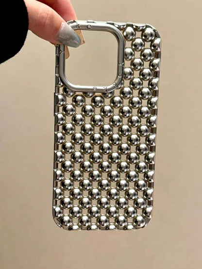 Alloy Luxury Metallic Style Fashion Metallic Bead Studded Premium Hollow Steel Bead Electroplated Matte Silver Phone Case Compatible With IPhone 16, 15 Pro Max, 17/17 Pro/17 Pro Max, New 14 Soft Case