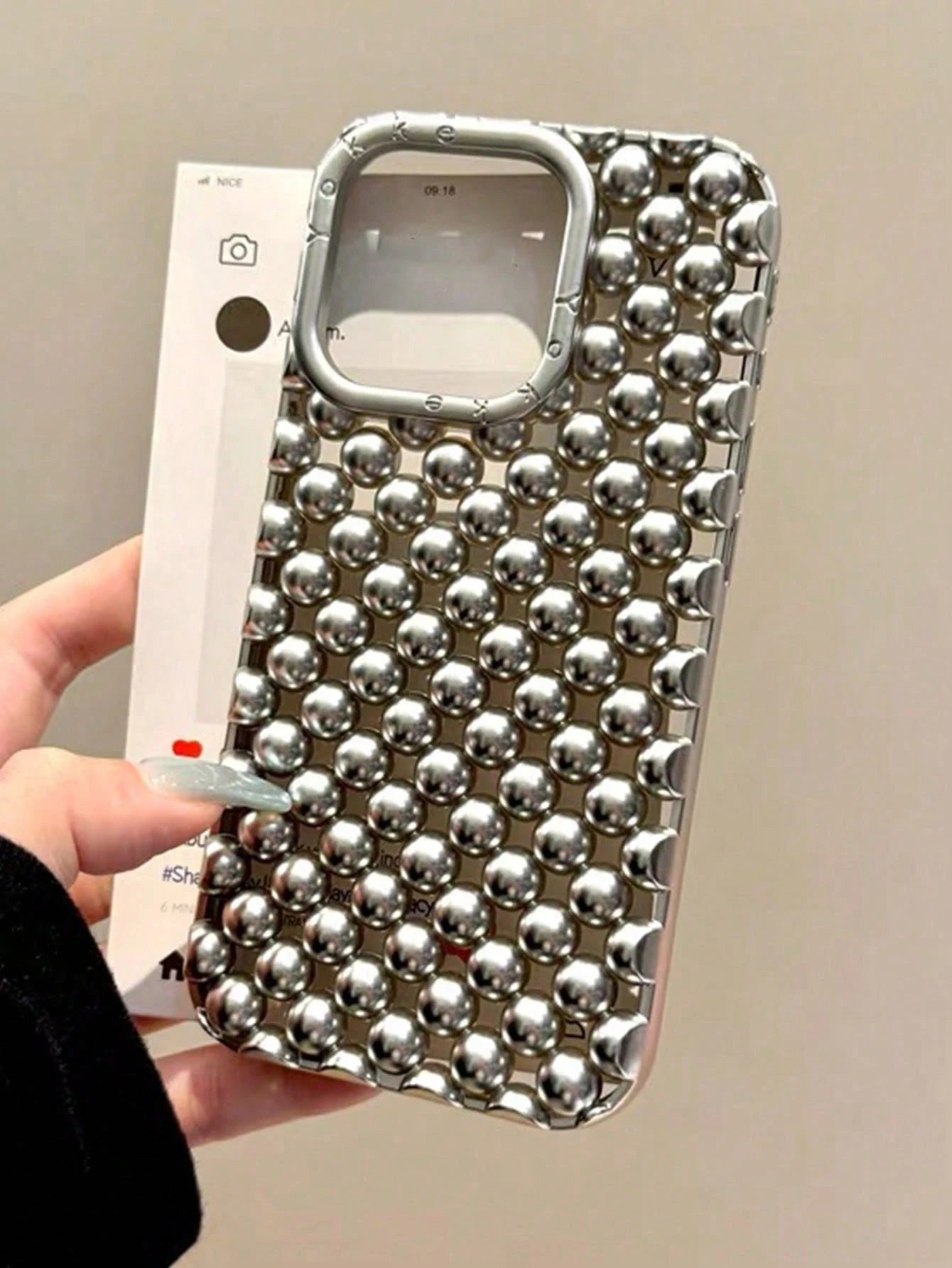 Alloy Luxury Metallic Style Fashion Metallic Bead Studded Premium Hollow Steel Bead Electroplated Matte Silver Phone Case Compatible With IPhone 16, 15 Pro Max, 17/17 Pro/17 Pro Max, New 14 Soft Case