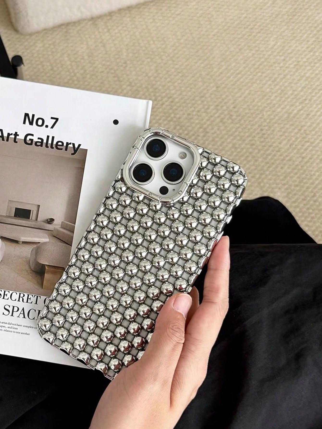 Alloy Luxury Metallic Style Fashion Metallic Bead Studded Premium Hollow Steel Bead Electroplated Matte Silver Phone Case Compatible With IPhone 16, 15 Pro Max, 17/17 Pro/17 Pro Max, New 14 Soft Case