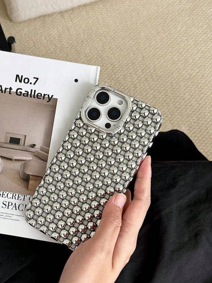 Alloy Luxury Metallic Style Fashion Metallic Bead Studded Premium Hollow Steel Bead Electroplated Matte Silver Phone Case Compatible With IPhone 16, 15 Pro Max, 17/17 Pro/17 Pro Max, New 14 Soft Case