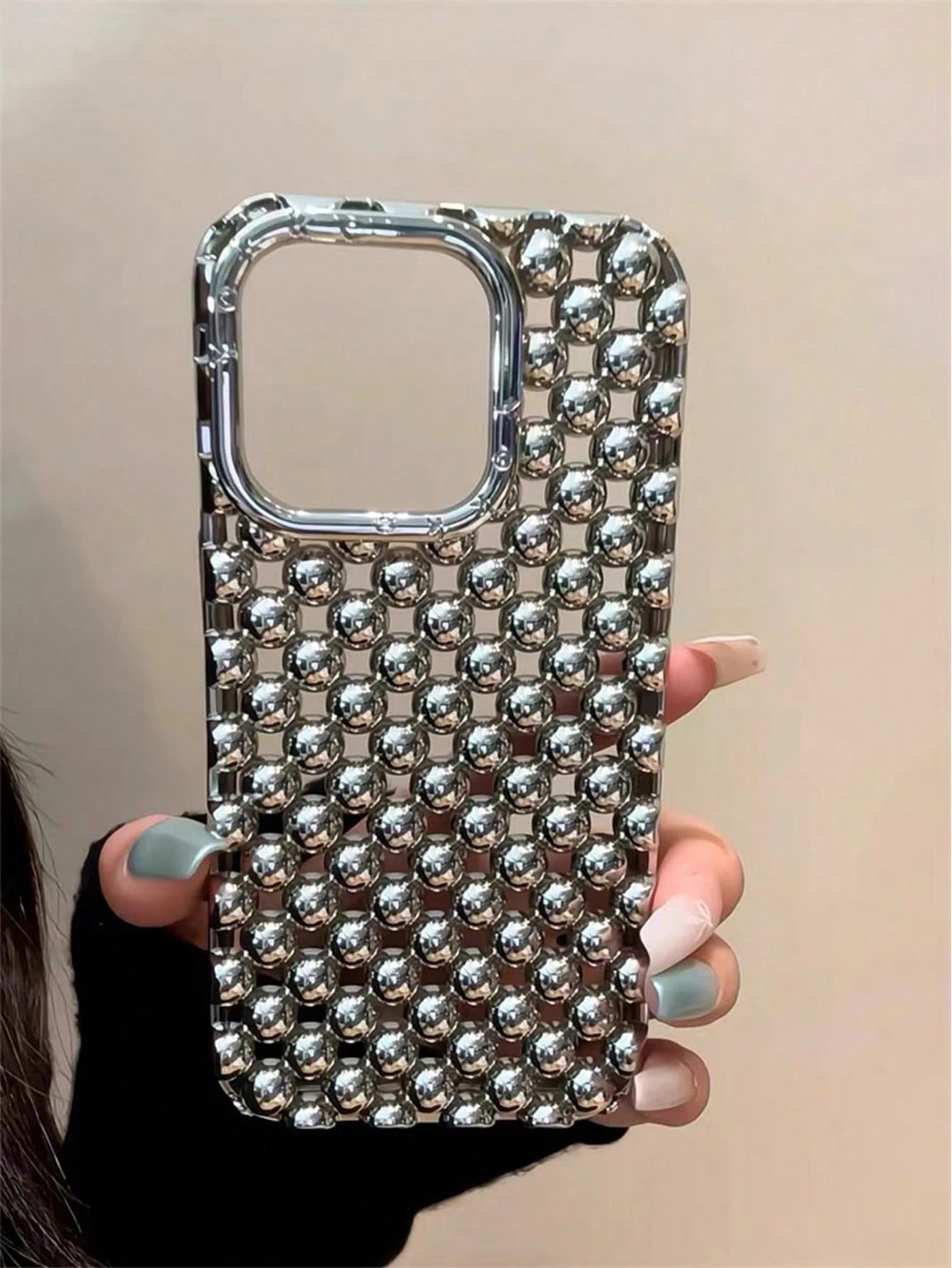 Alloy Luxury Metallic Style Fashion Metallic Bead Studded Premium Hollow Steel Bead Electroplated Matte Silver Phone Case Compatible With IPhone 16, 15 Pro Max, 17/17 Pro/17 Pro Max, New 14 Soft Case