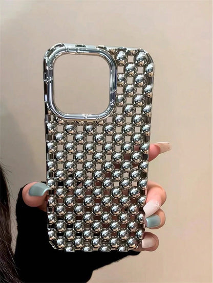 Alloy Luxury Metallic Style Fashion Metallic Bead Studded Premium Hollow Steel Bead Electroplated Matte Silver Phone Case Compatible With IPhone 16, 15 Pro Max, 17/17 Pro/17 Pro Max, New 14 Soft Case