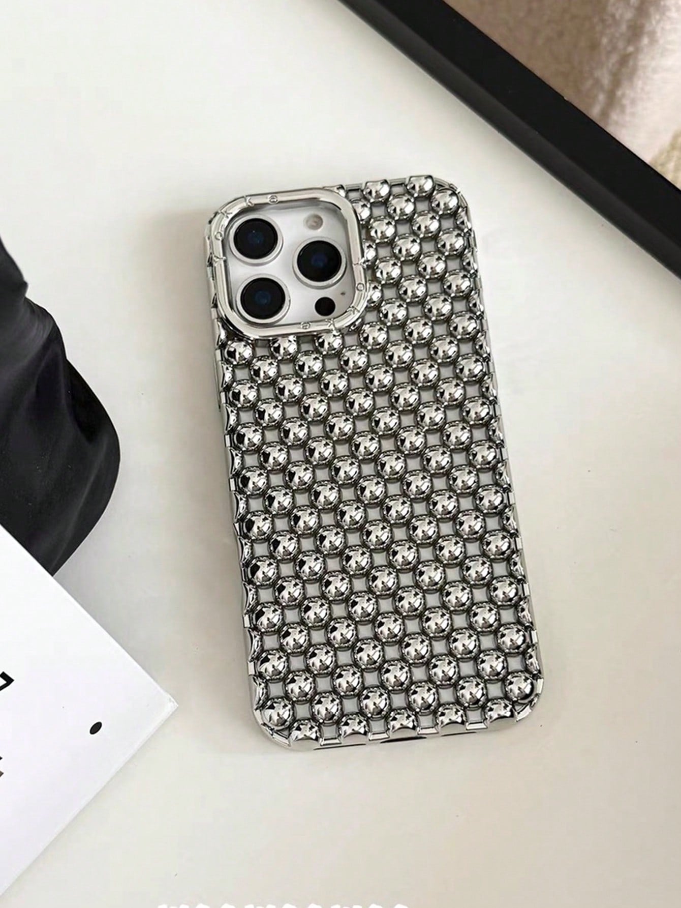 Alloy Luxury Metallic Style Fashion Metallic Bead Studded Premium Hollow Steel Bead Electroplated Matte Silver Phone Case Compatible With IPhone 16, 15 Pro Max, 17/17 Pro/17 Pro Max, New 14 Soft Case