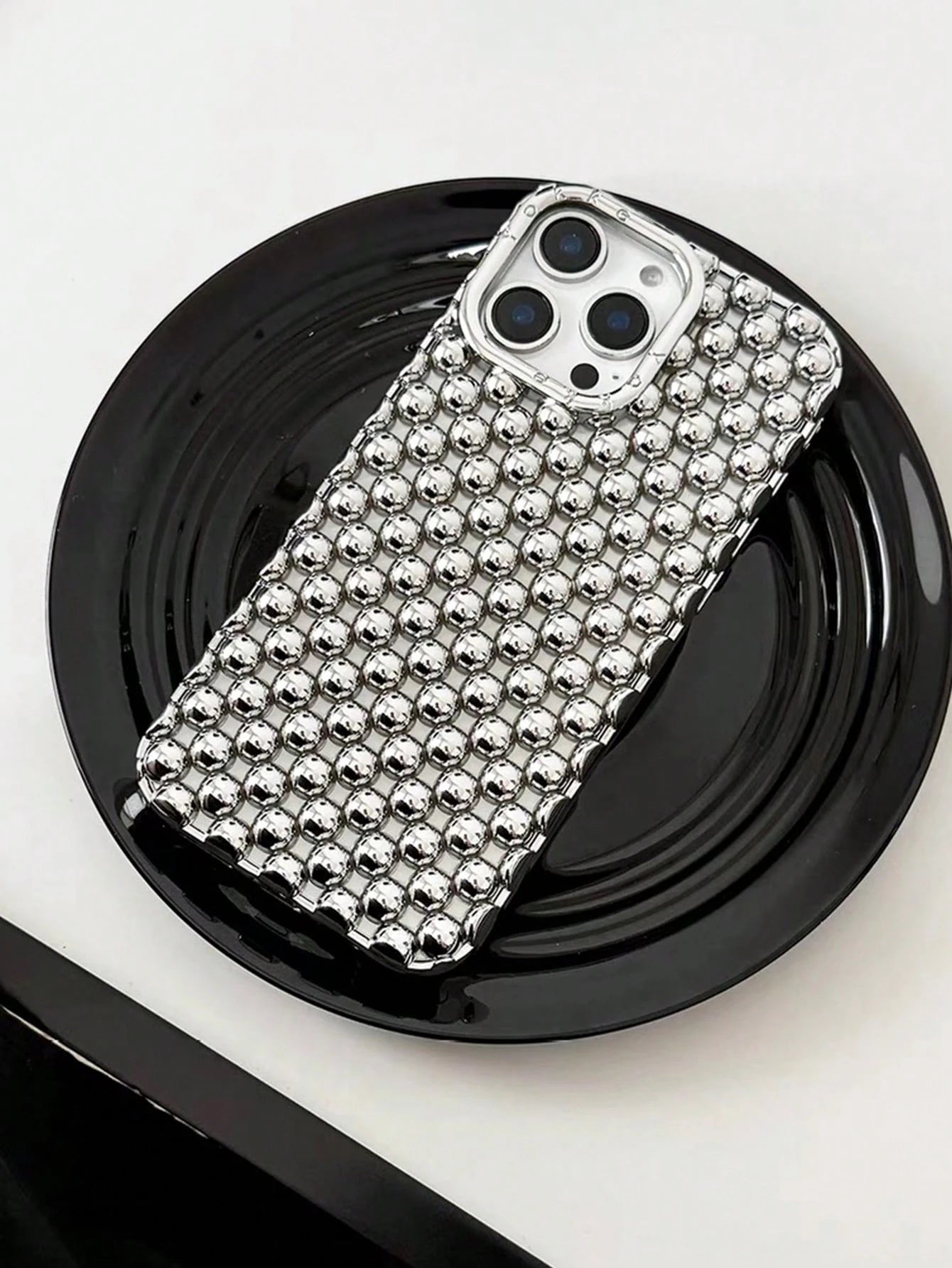 Alloy Luxury Metallic Style Fashion Metallic Bead Studded Premium Hollow Steel Bead Electroplated Matte Silver Phone Case Compatible With IPhone 16, 15 Pro Max, 17/17 Pro/17 Pro Max, New 14 Soft Case