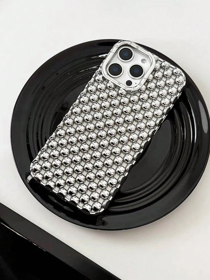 Alloy Luxury Metallic Style Fashion Metallic Bead Studded Premium Hollow Steel Bead Electroplated Matte Silver Phone Case Compatible With IPhone 16, 15 Pro Max, 17/17 Pro/17 Pro Max, New 14 Soft Case