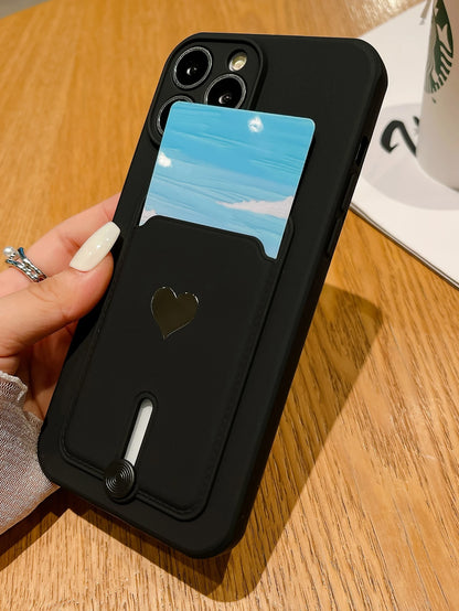 Alloy TPU Heart Element Cardholder Sliding Stand Fashionable New Spray-Painted Slotted Metal Heart Shape TPU Shockproof Phone Case Compatible With Iphone 11/12/13/14/15/16 Pro & Max Waterproof Anti-Fa