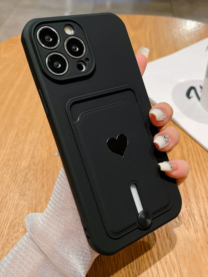 Alloy TPU Heart Element Cardholder Sliding Stand Fashionable New Spray-Painted Slotted Metal Heart Shape TPU Shockproof Phone Case Compatible With Iphone 11/12/13/14/15/16 Pro & Max Waterproof Anti-Fa