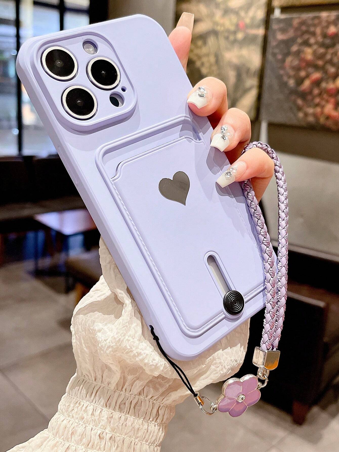 Alloy TPU Heart Element Cardholder Sliding Stand Fashionable New Spray-Painted Slotted Metal Heart Shape TPU Shockproof Phone Case Compatible With Iphone 11/12/13/14/15/16 Pro & Max Waterproof Anti-Fa