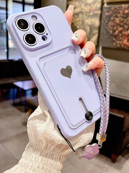 Alloy TPU Heart Element Cardholder Sliding Stand Fashionable New Spray-Painted Slotted Metal Heart Shape TPU Shockproof Phone Case Compatible With Iphone 11/12/13/14/15/16 Pro & Max Waterproof Anti-Fa