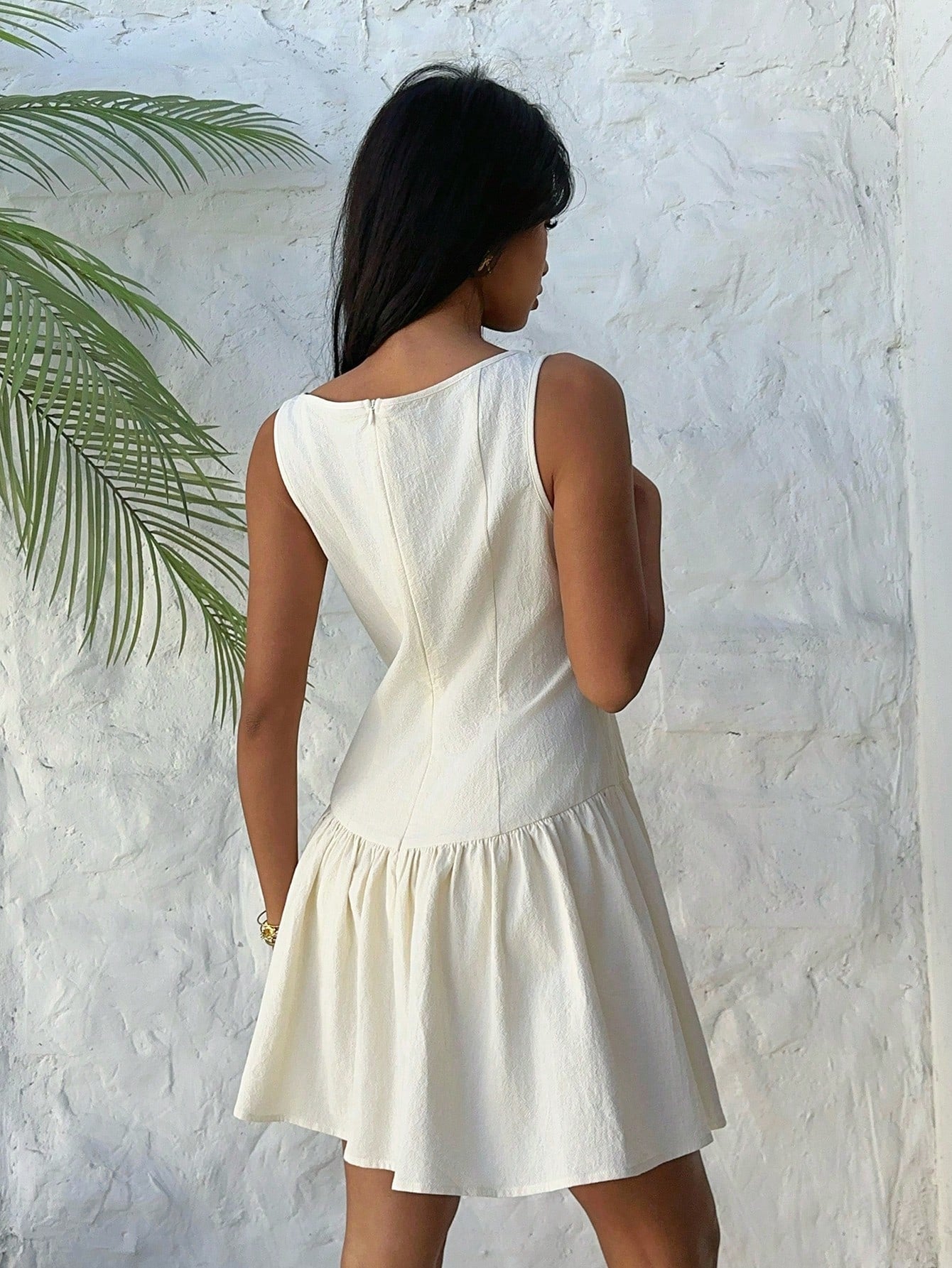Aloruh Pale Yellow Sleeveless Mini Dress, Elegant Business Casual Short Dress,Parisian Chic,Beige,Summer,Holiday,Vacation,Holiday,Beach Office Wear