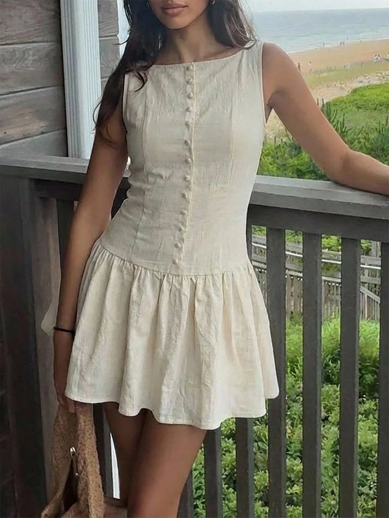 Aloruh Pale Yellow Sleeveless Mini Dress, Elegant Business Casual Short Dress,Parisian Chic,Beige,Summer,Holiday,Vacation,Holiday,Beach Office Wear