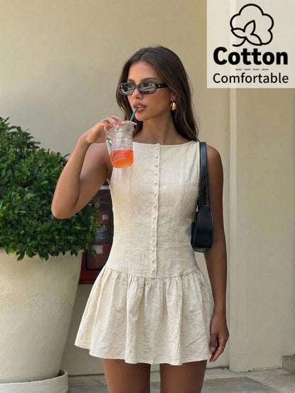 Aloruh Pale Yellow Sleeveless Mini Dress, Elegant Business Casual Short Dress,Parisian Chic,Beige,Summer,Holiday,Vacation,Holiday,Beach Office Wear