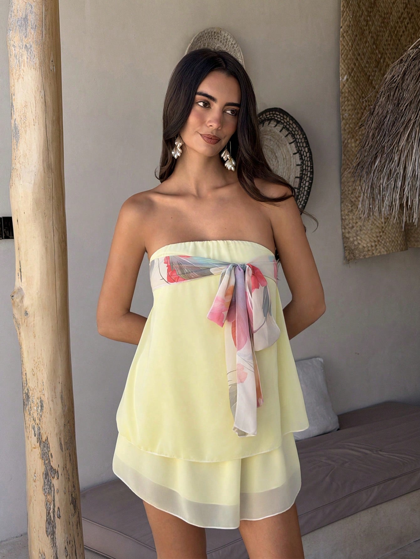 Aloruh Vacation Date Vacation Night Strapless Tie Waist Chiffon Mini Dress, Pale Yellow Summer Tropical