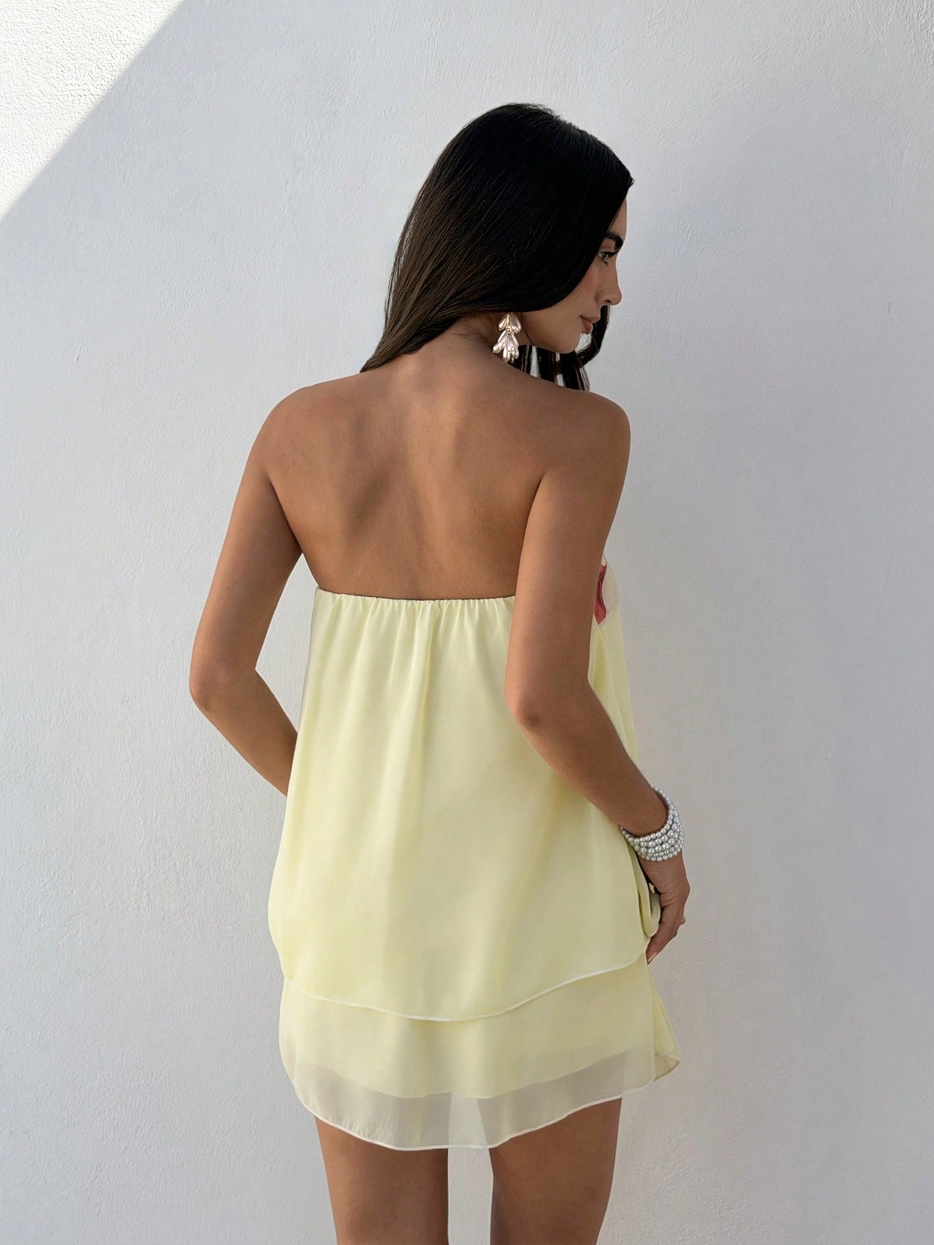 Aloruh Vacation Date Vacation Night Strapless Tie Waist Chiffon Mini Dress, Pale Yellow Summer Tropical